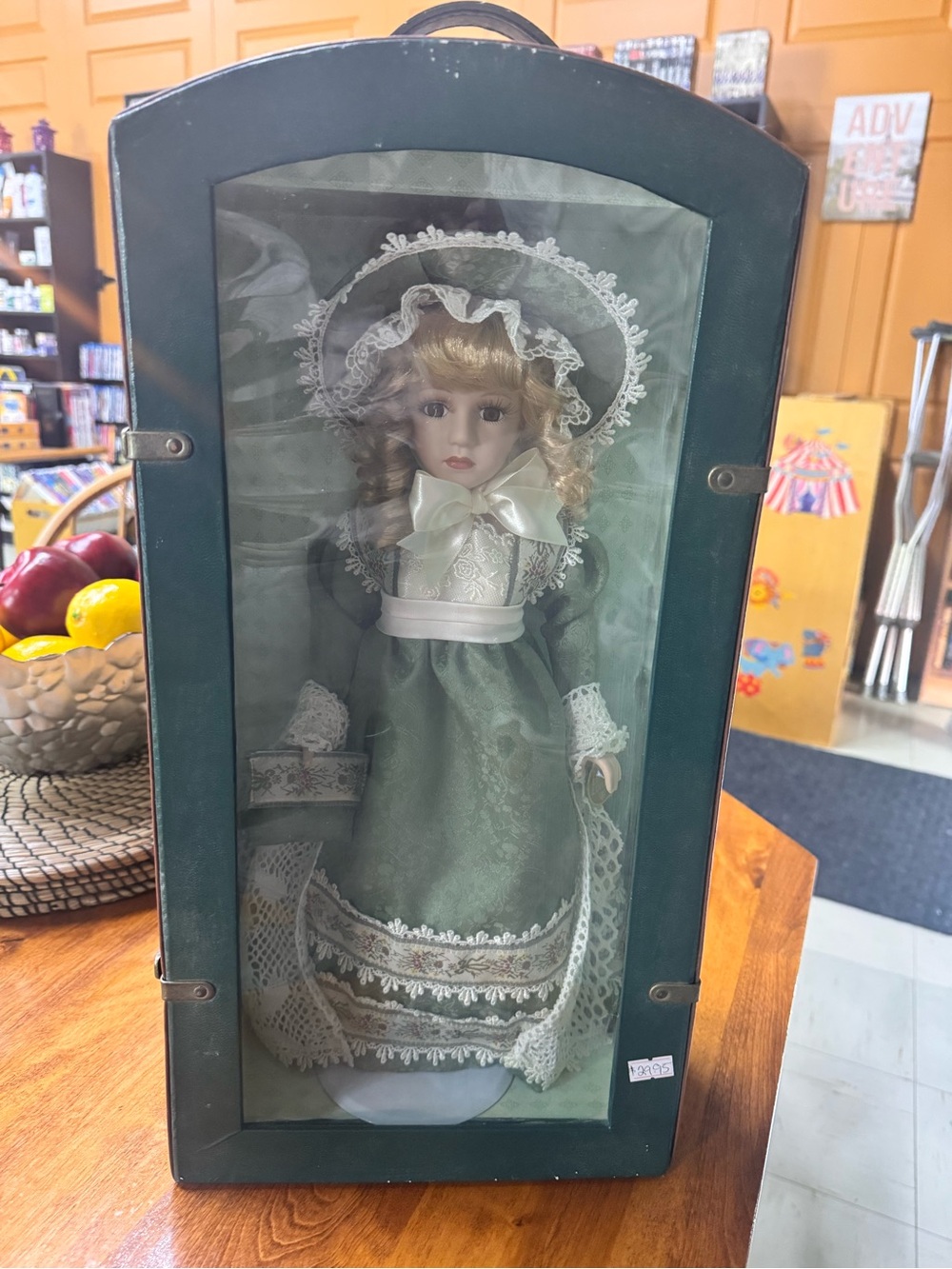 Porcelain Victorian-Style Doll in Sage Green Dress